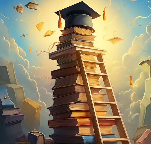 A ladder climbing a tower of books toward graduation caps