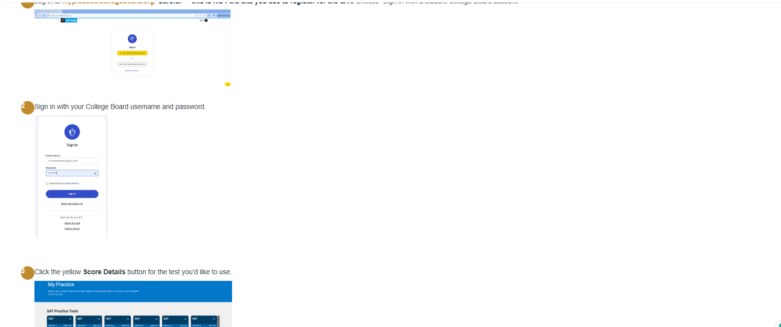 College Board My Practice sign-in and Score Details screenshots for steps 1 through 3