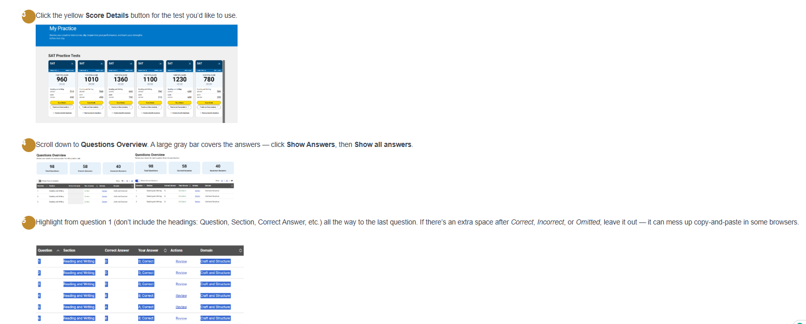 College Board Score Details and Questions Overview screenshots for steps 3 through 5