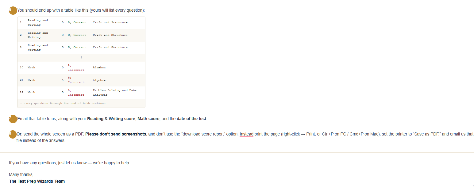 Example of the complete answer table to send to Test Prep Wizards